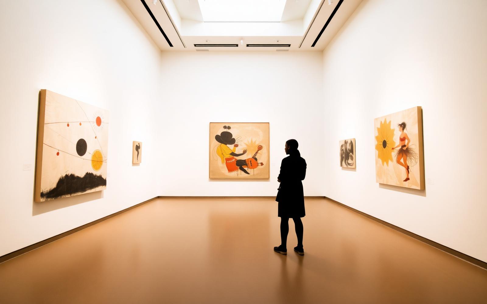 A visitor viewing large works in a bright gallery