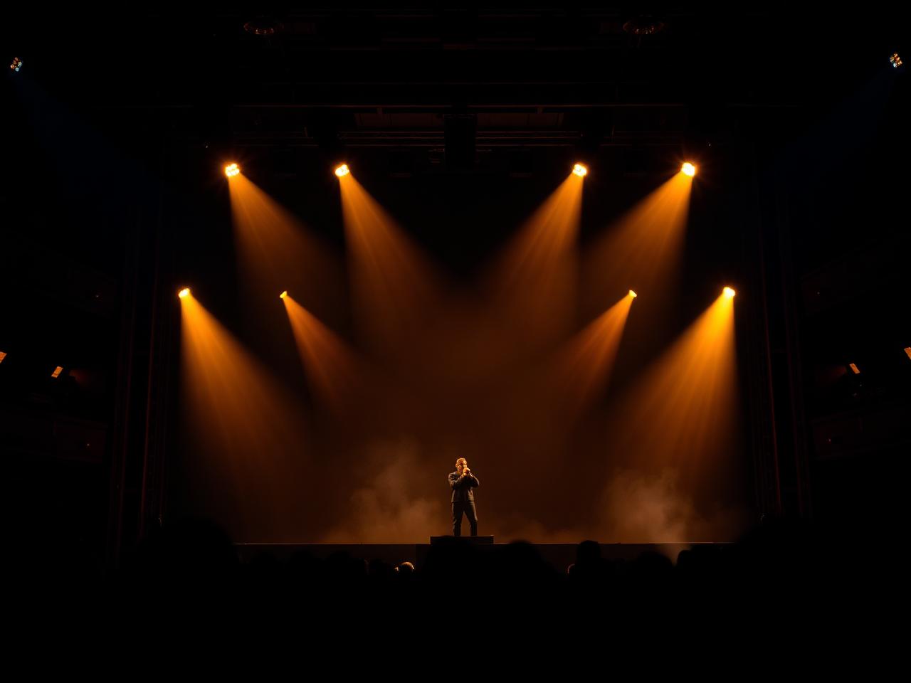 A performer under warm spotlights on a theatrical stage