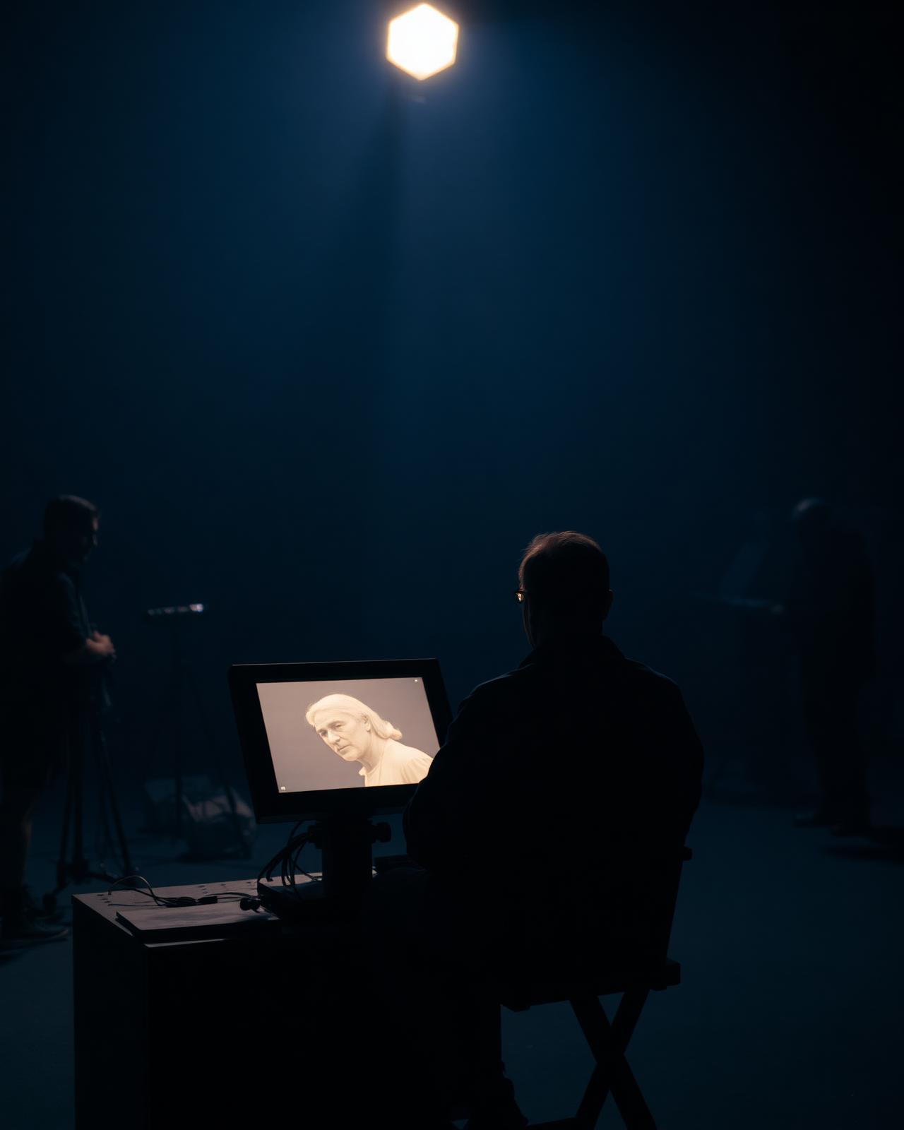 A director watching a monitor on a night film set