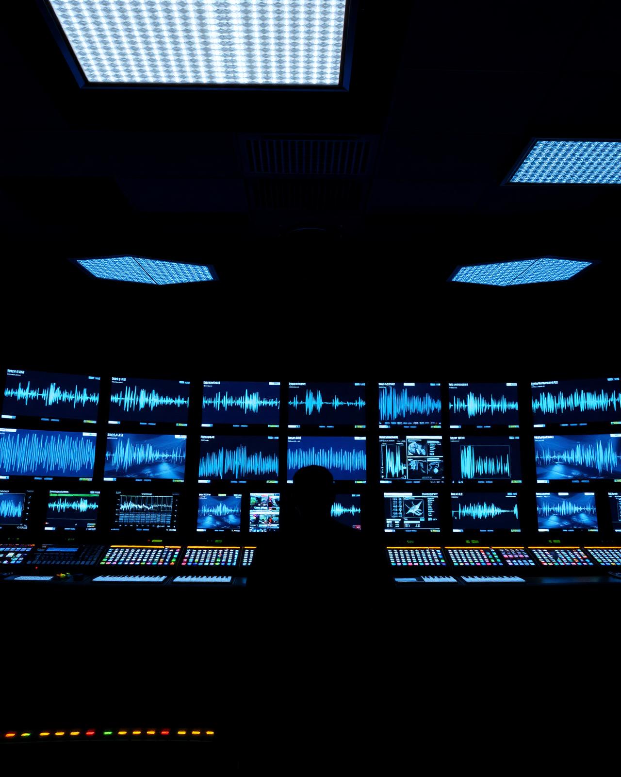 A broadcast control room glowing in blue light