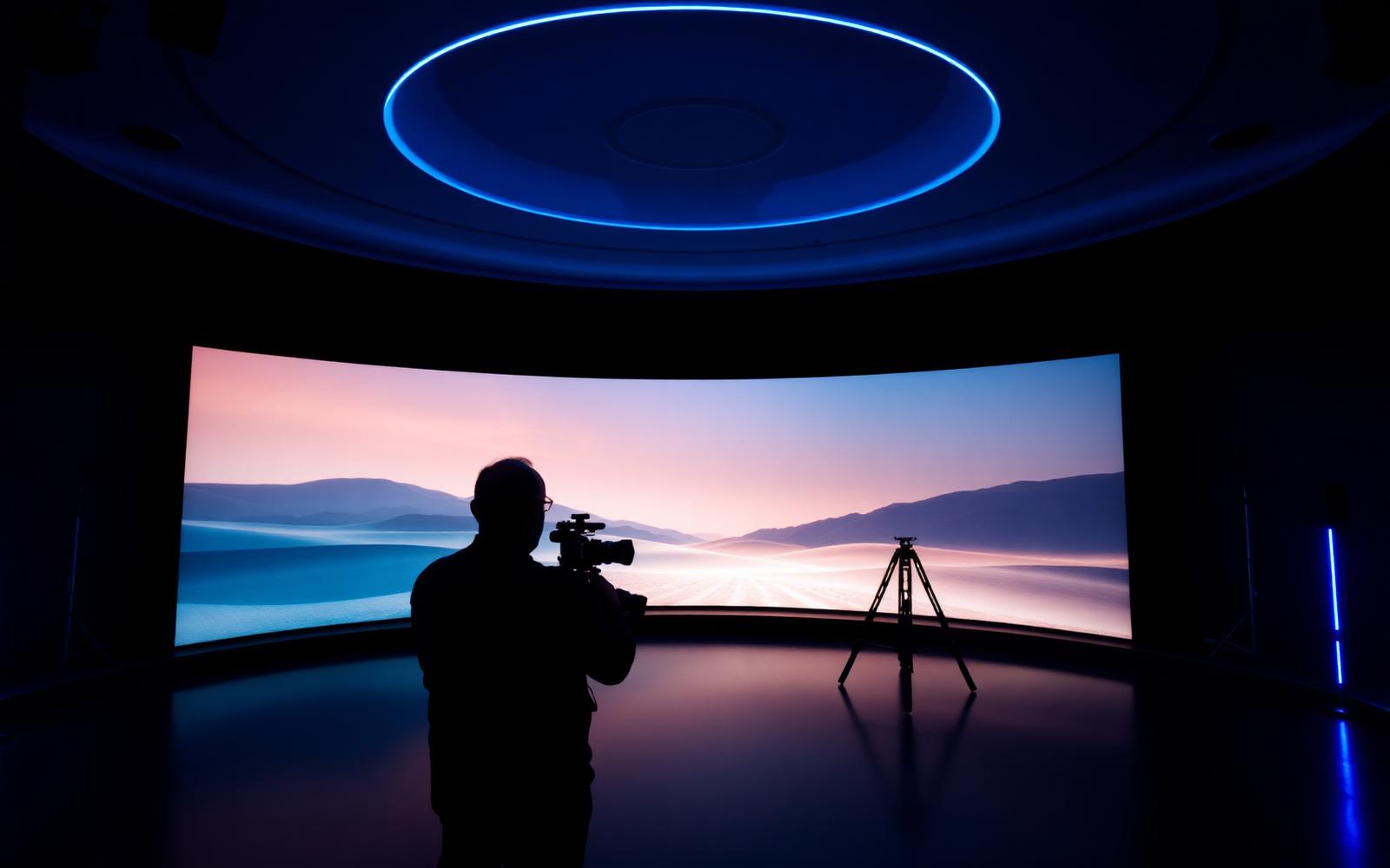 A media lab control room in blue light