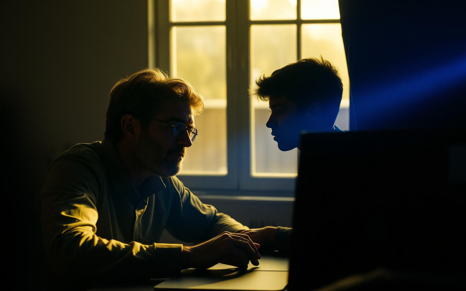 A mentor and student reviewing work at an edit desk