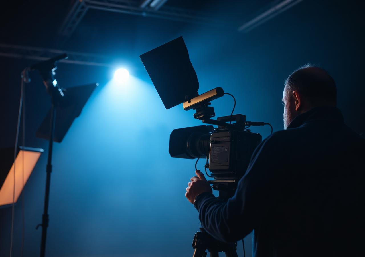 A cinematographer beside a lighting rig
