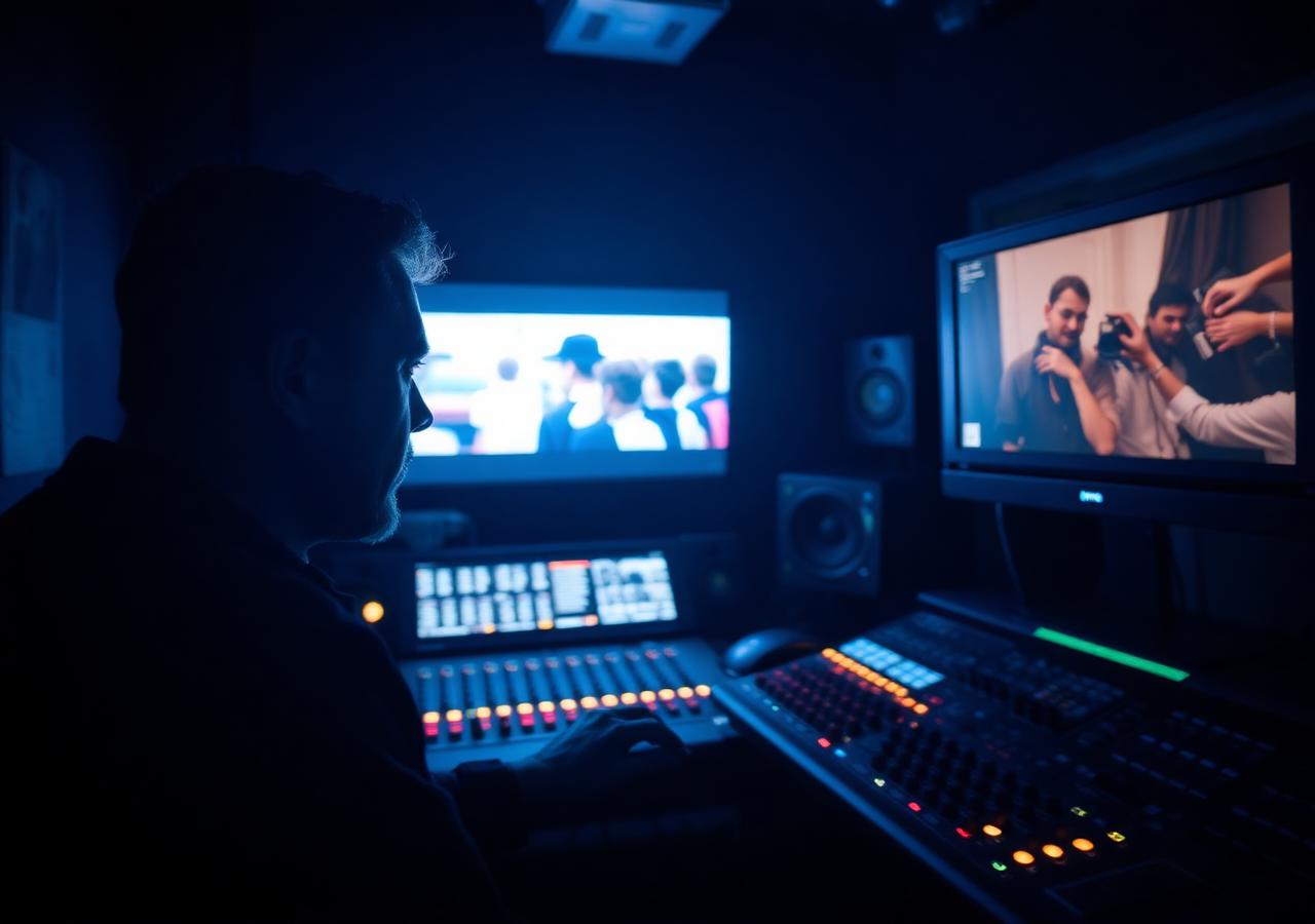 A colorist at work in a dark grading suite