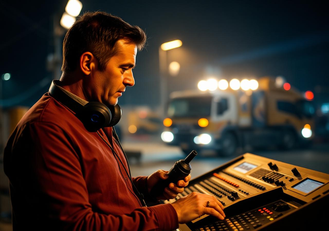 A producer walking a night set